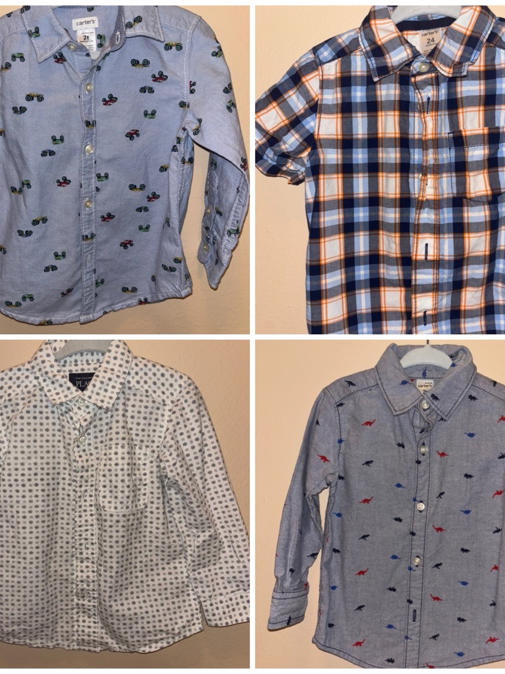Lot of 4 Carter's Light Blue Button-Down Shirt with Red & Navy Dino Print